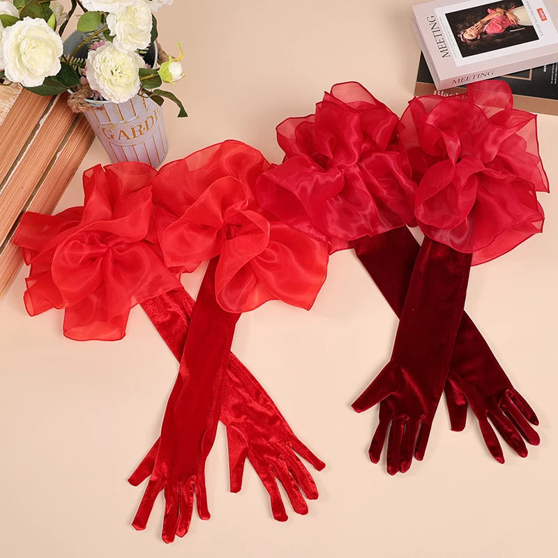 Velvet Ruffle Long Full Finger  Sleeve Glove