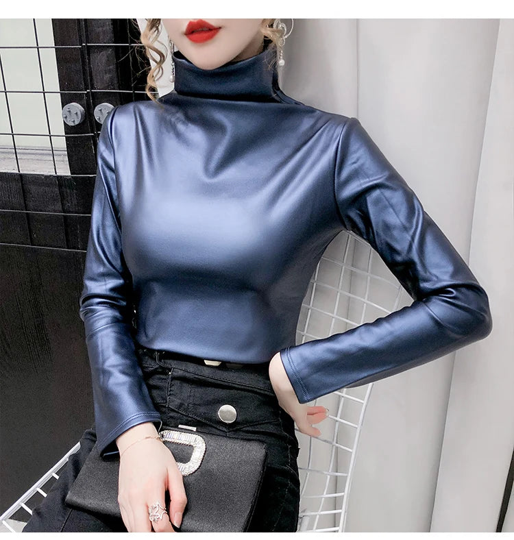 PU Leather Turtleneck Long Sleeve Blouse