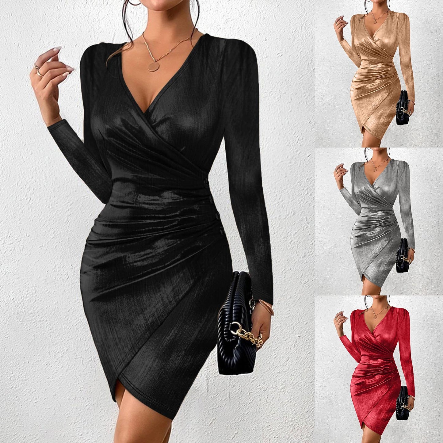 Deep V-neck Metallic Ruched Hip Wrap Long Sleeve Dress