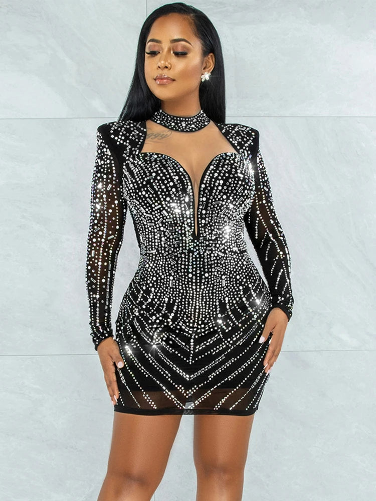 Sequin Deep V Mesh Long Sleeve Dress