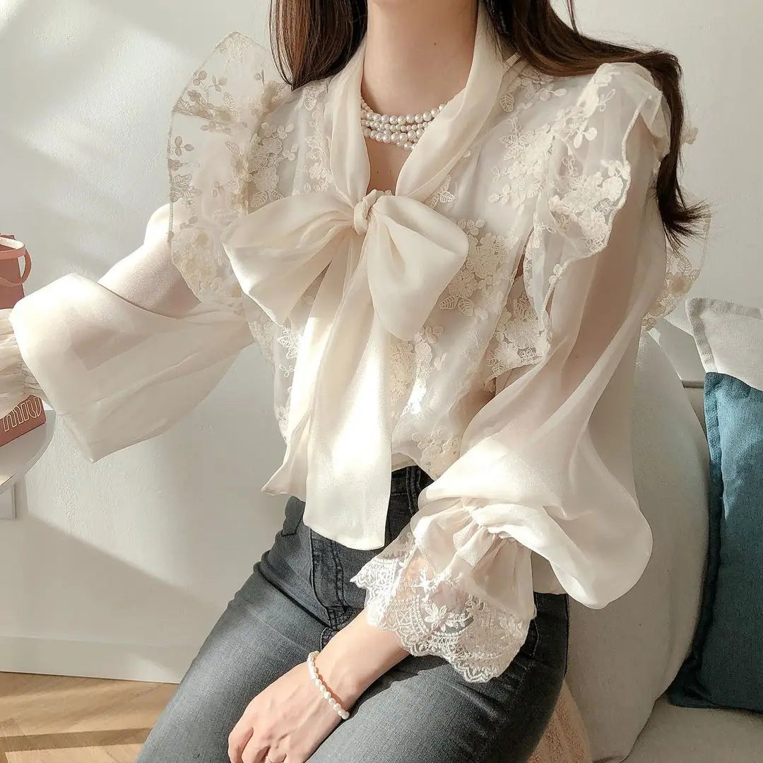 Bow Tie Lace Embroidery Flower Loose Trumpet Sleeve  Blouse