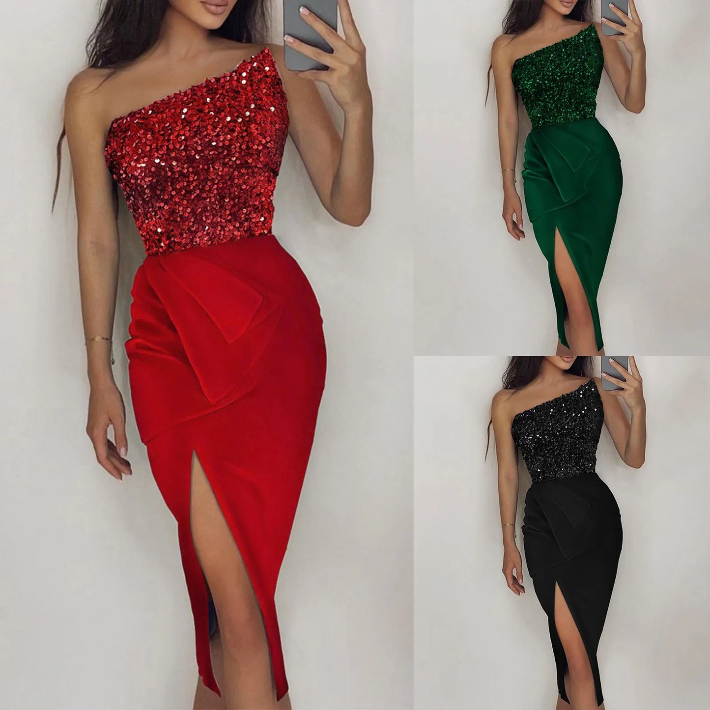 One Shoulder Sequin Midi Dress