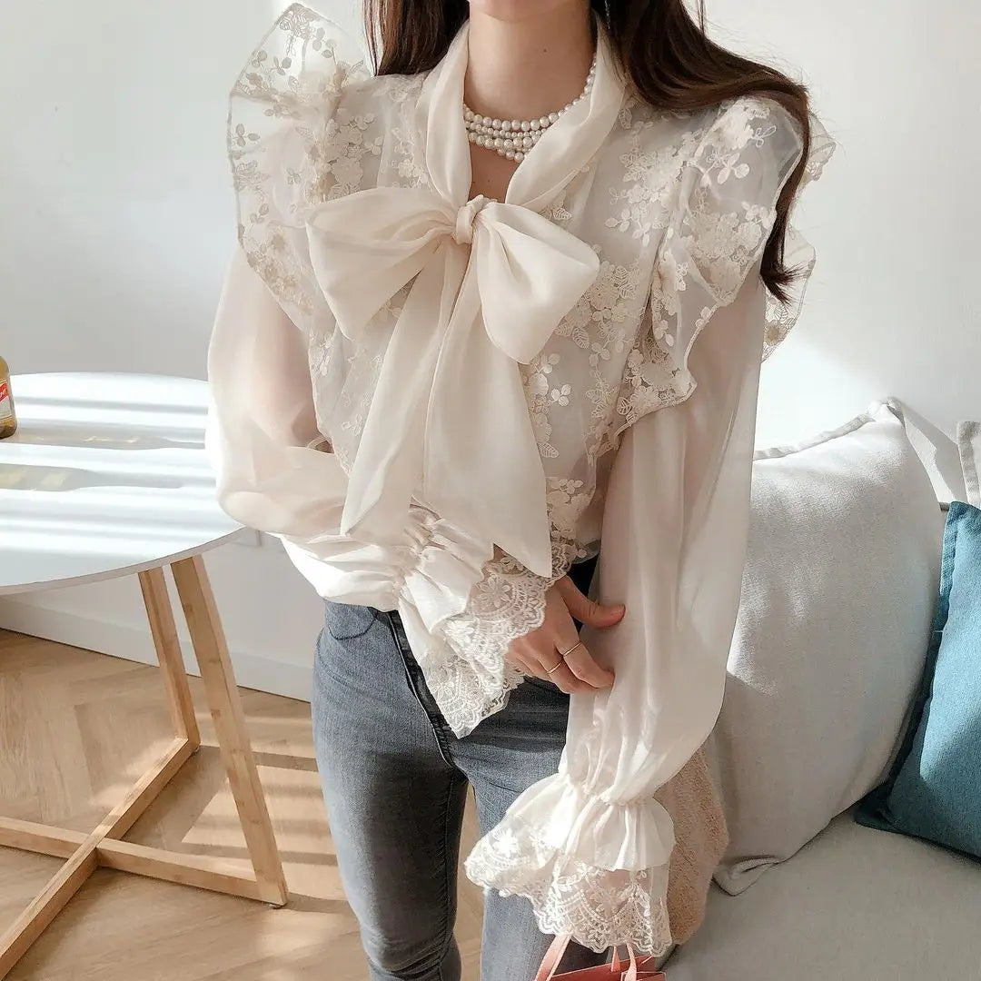 Bow Tie Lace Embroidery Flower Loose Trumpet Sleeve  Blouse