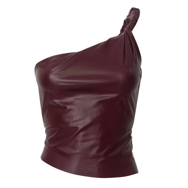 Pu Leather One Shoulder Top