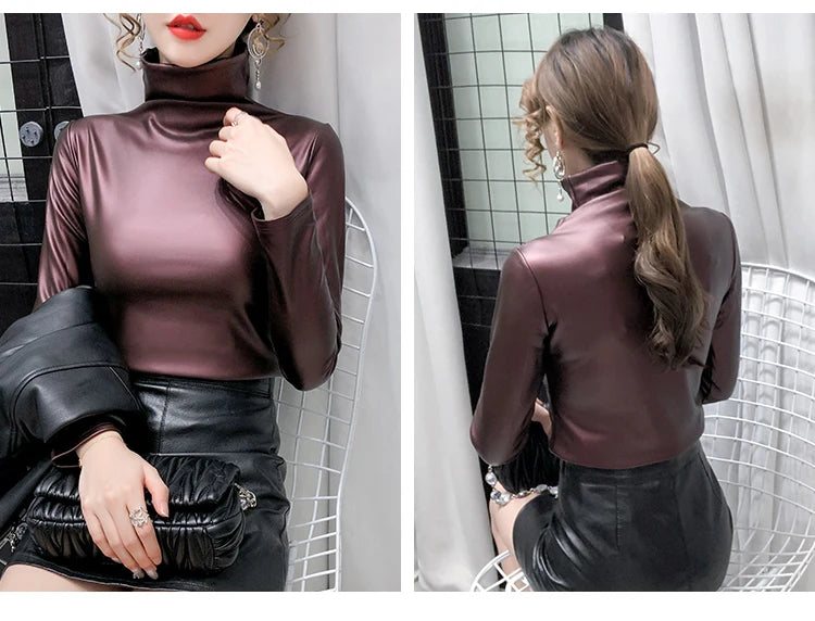 PU Leather Turtleneck Long Sleeve Blouse