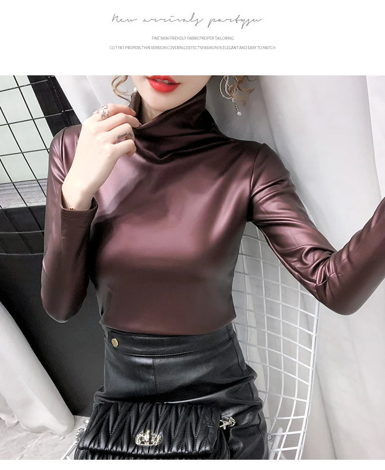 PU Leather Turtleneck Long Sleeve Blouse