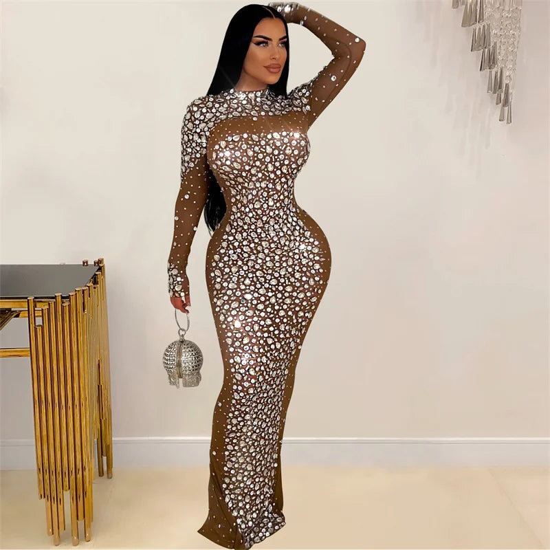 Mesh Rhinestone Long Sleeve Maxi Dress