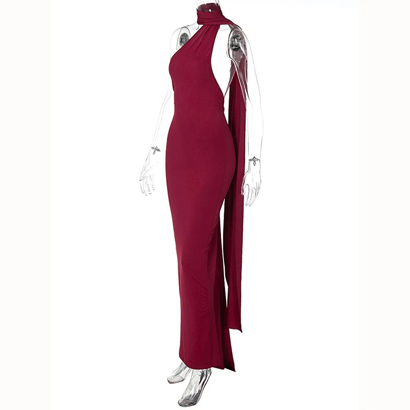 One Shoulder Backless Adjustable Scarf Loop Ruched Maxi Dress