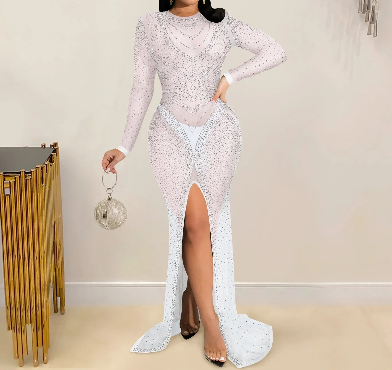 Rhinestone Mesh Long-sleeve Front-slit Dress