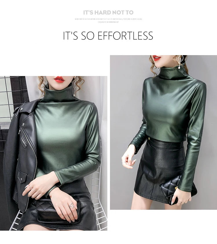 PU Leather Turtleneck Long Sleeve Blouse