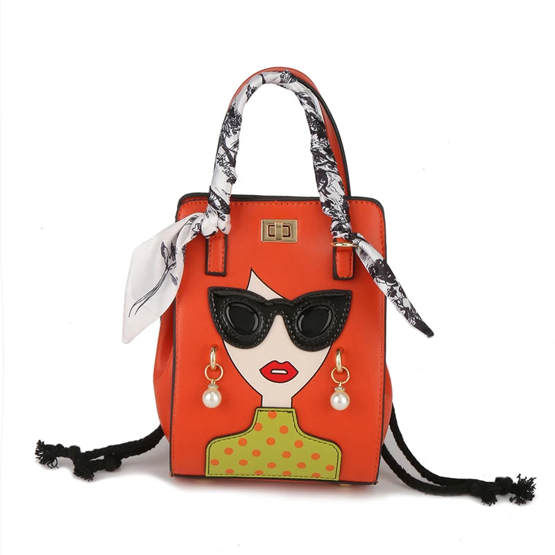 Woman's Face Novelty Print PU Leather Shoulder Crossbody Handbag