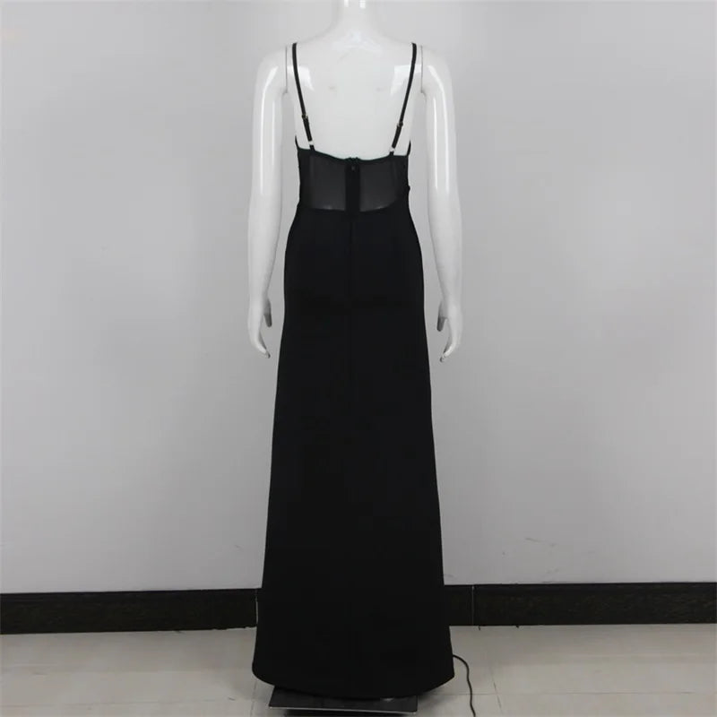 Mesh See Through Beads Side Split Maxi Dress