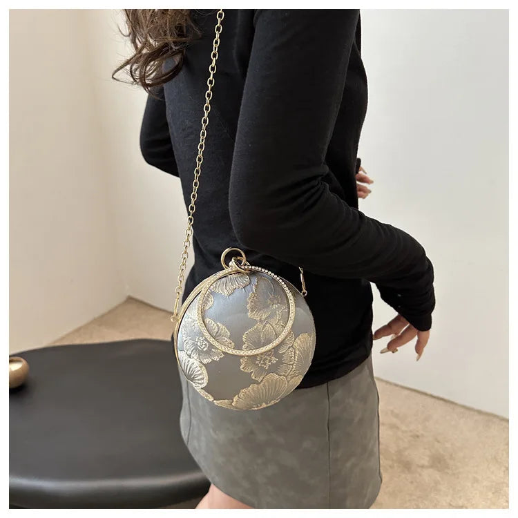 Embroidered Spherical Hand-held Shoulder Crossbody Chain Bag