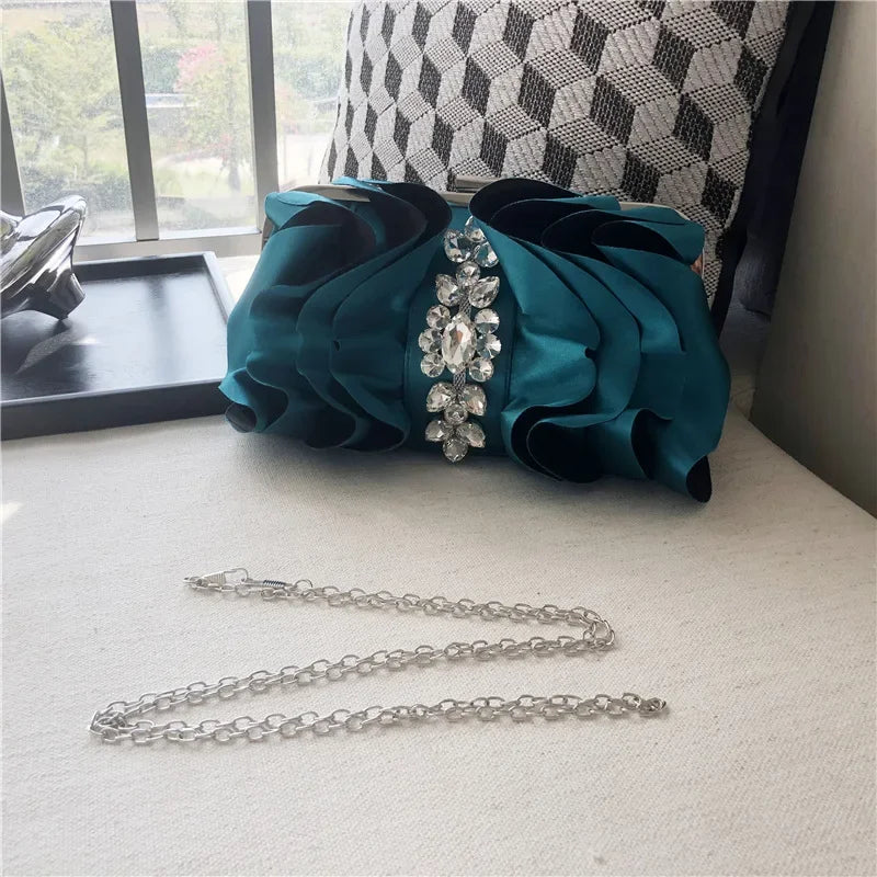 3D Rose Flower Diamante Long Chain Bag