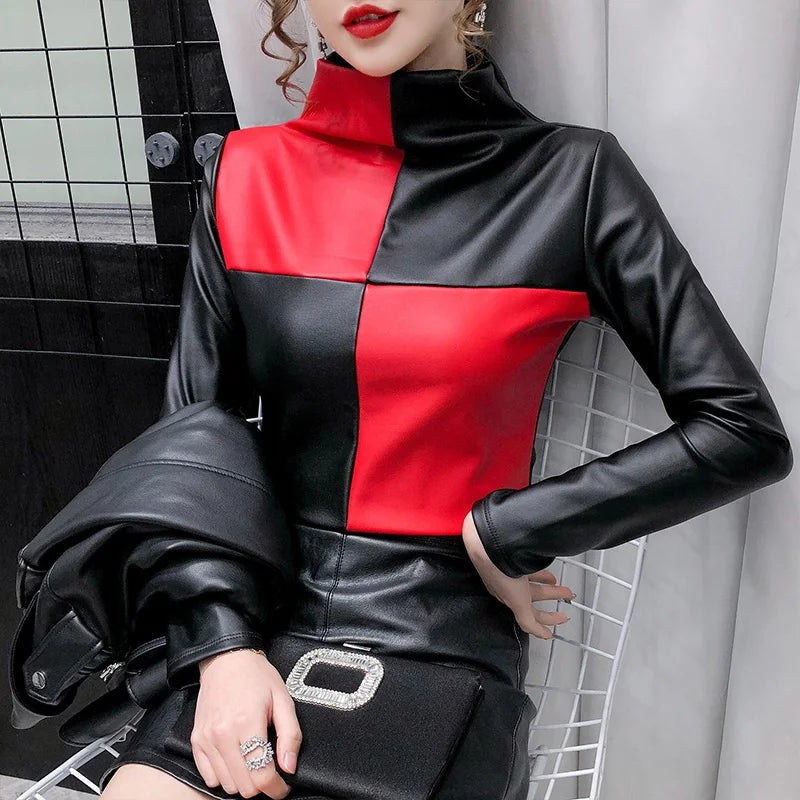 PU Leather Turtleneck Long Sleeve Blouse