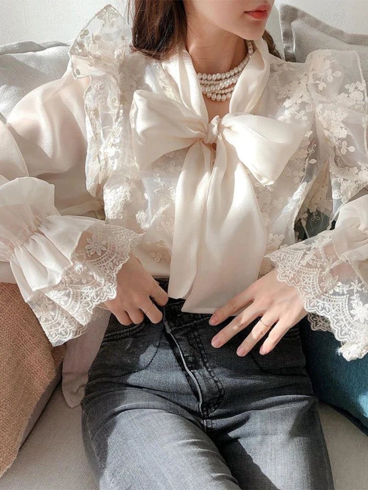 Bow Tie Lace Embroidery Flower Loose Trumpet Sleeve  Blouse