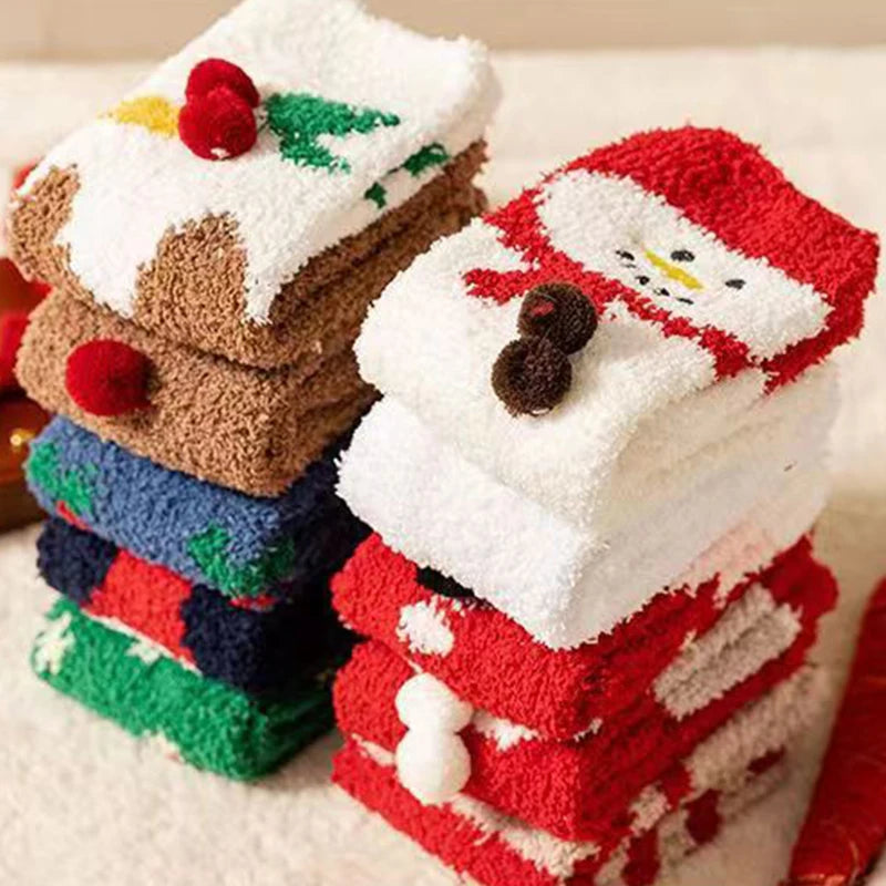 Thick Warm Fleece Santa Claus Snowman Cotton Socks Christmas Ball Gift Set