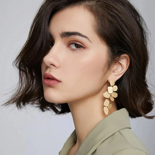 Geometric Flowers Gold Color Plated Long Drop Earrings