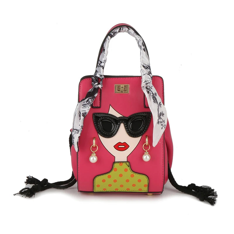 Woman's Face Novelty Print PU Leather Shoulder Crossbody Handbag