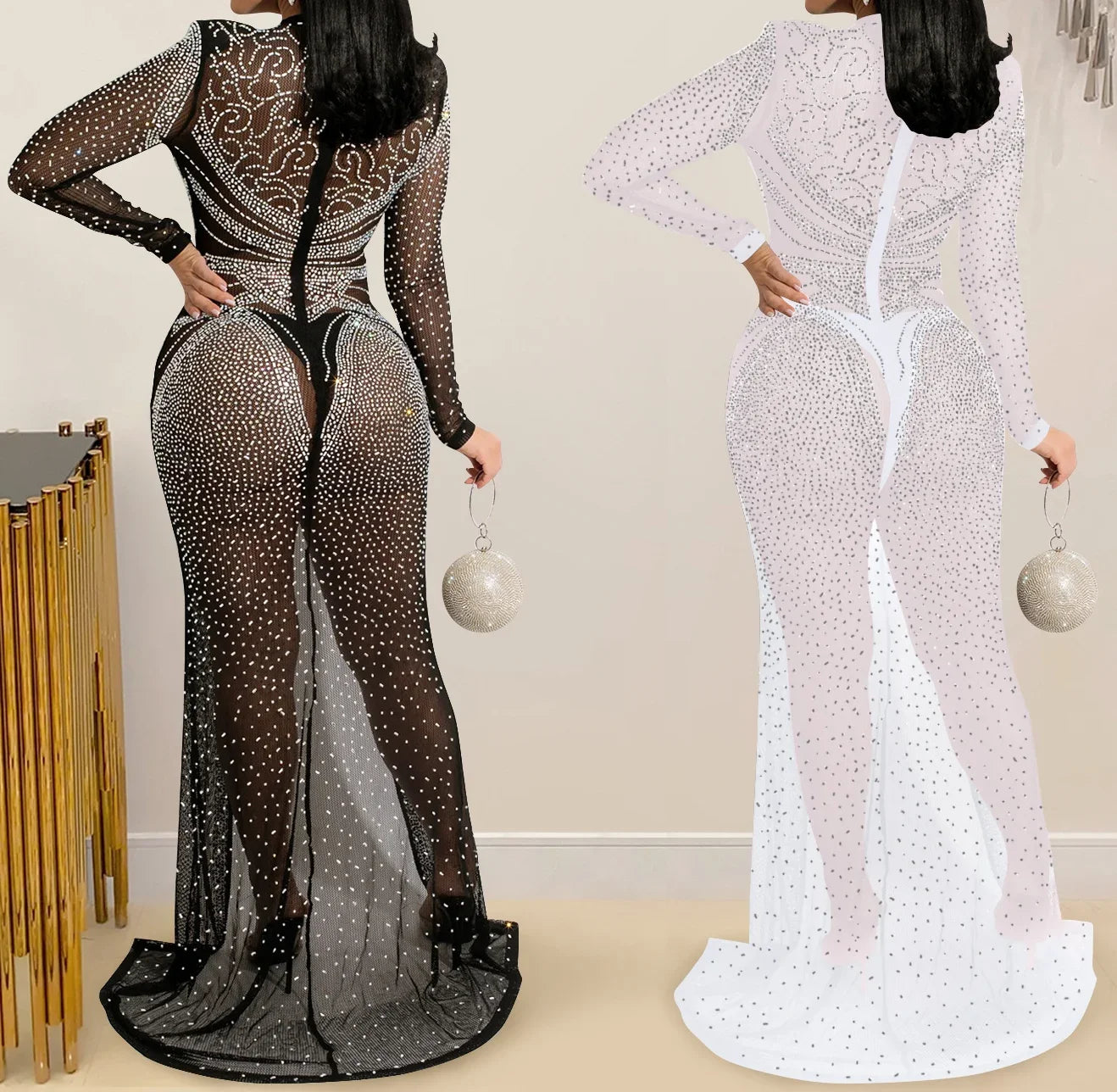 Rhinestone Mesh Long-sleeve Front-slit Dress