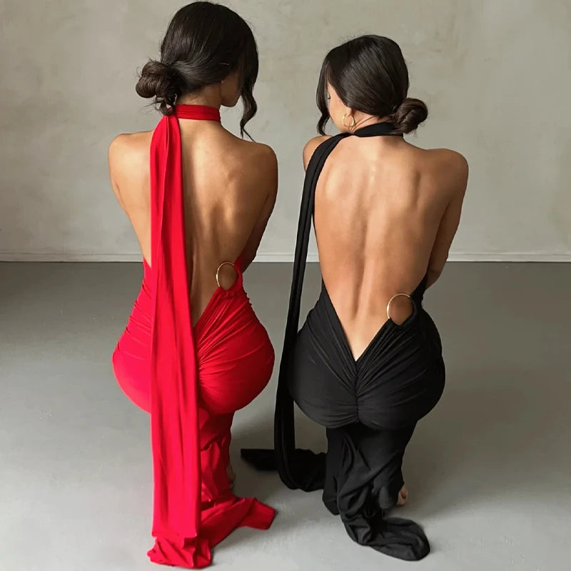 One Shoulder Backless Adjustable Scarf Loop Ruched Maxi Dress