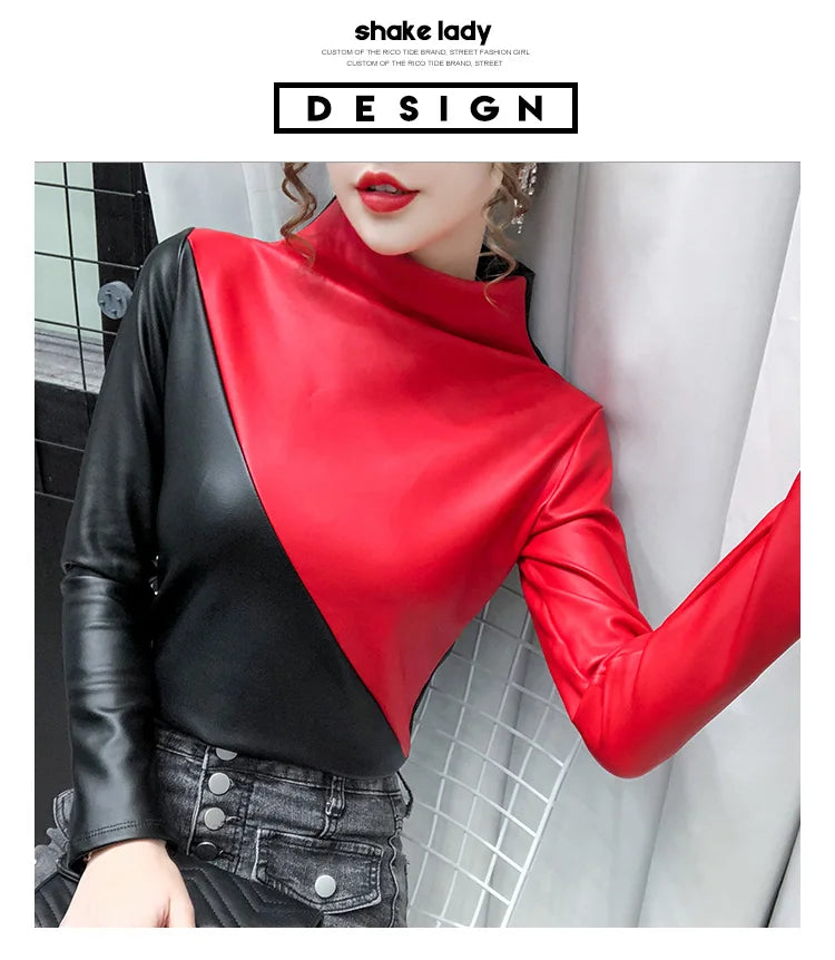 PU Leather Turtleneck Long Sleeve Blouse