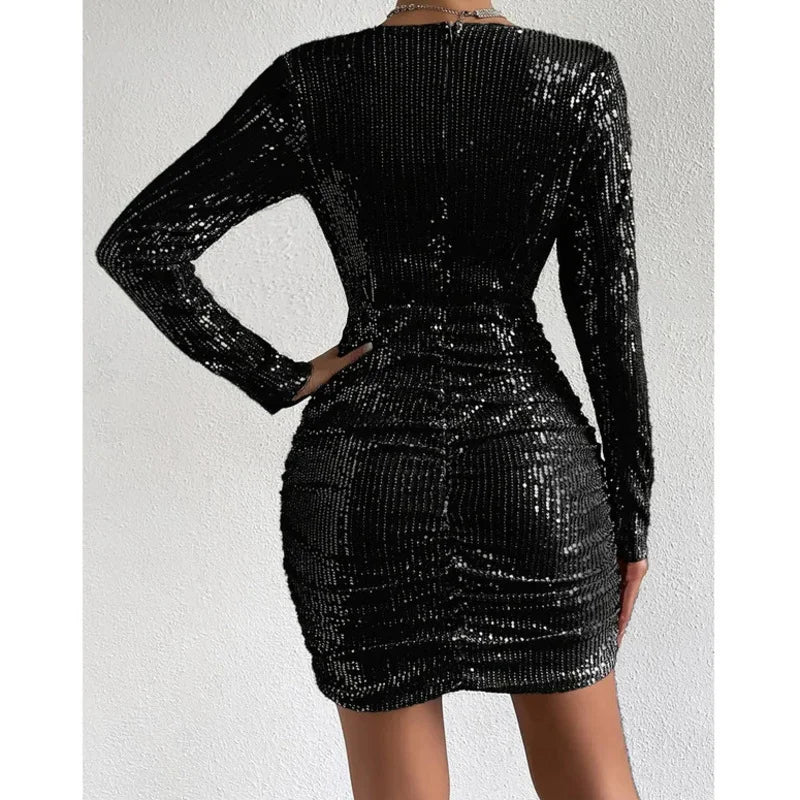 Sequin Pleated V-neck Long Sleeve Dress