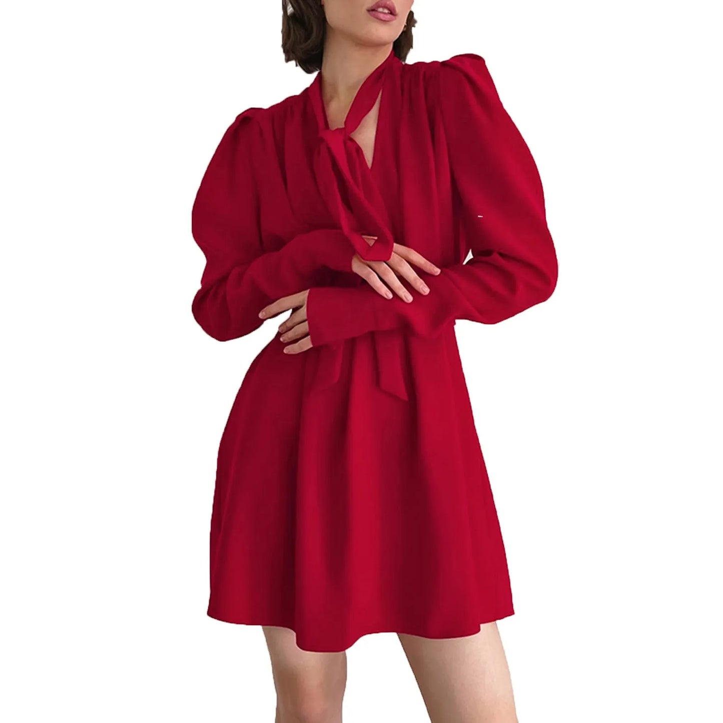 V Neck Tie Long Sleeve Dress