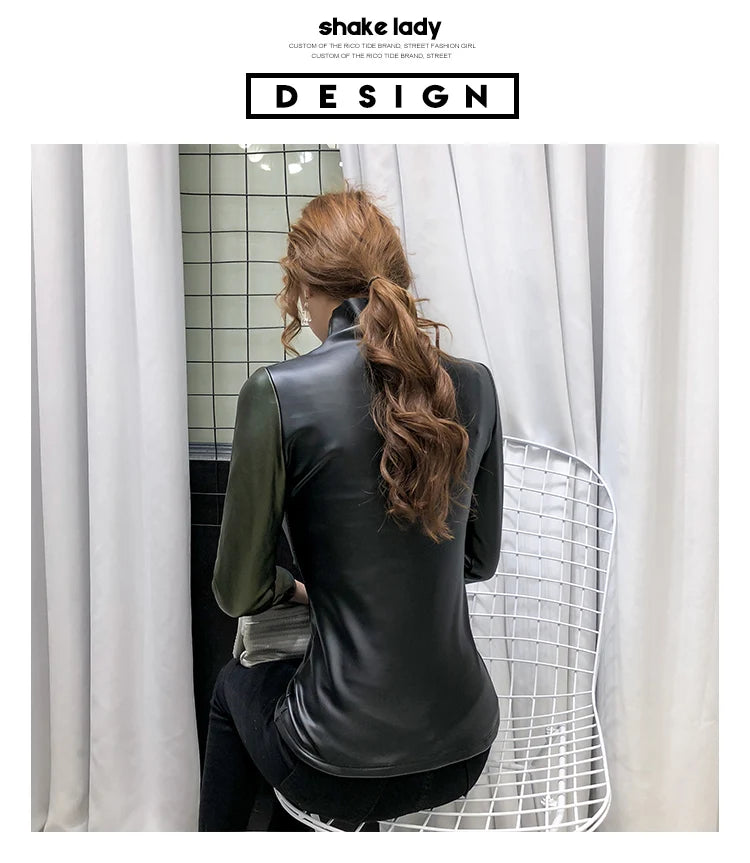 PU Leather Turtleneck Long Sleeve Blouse