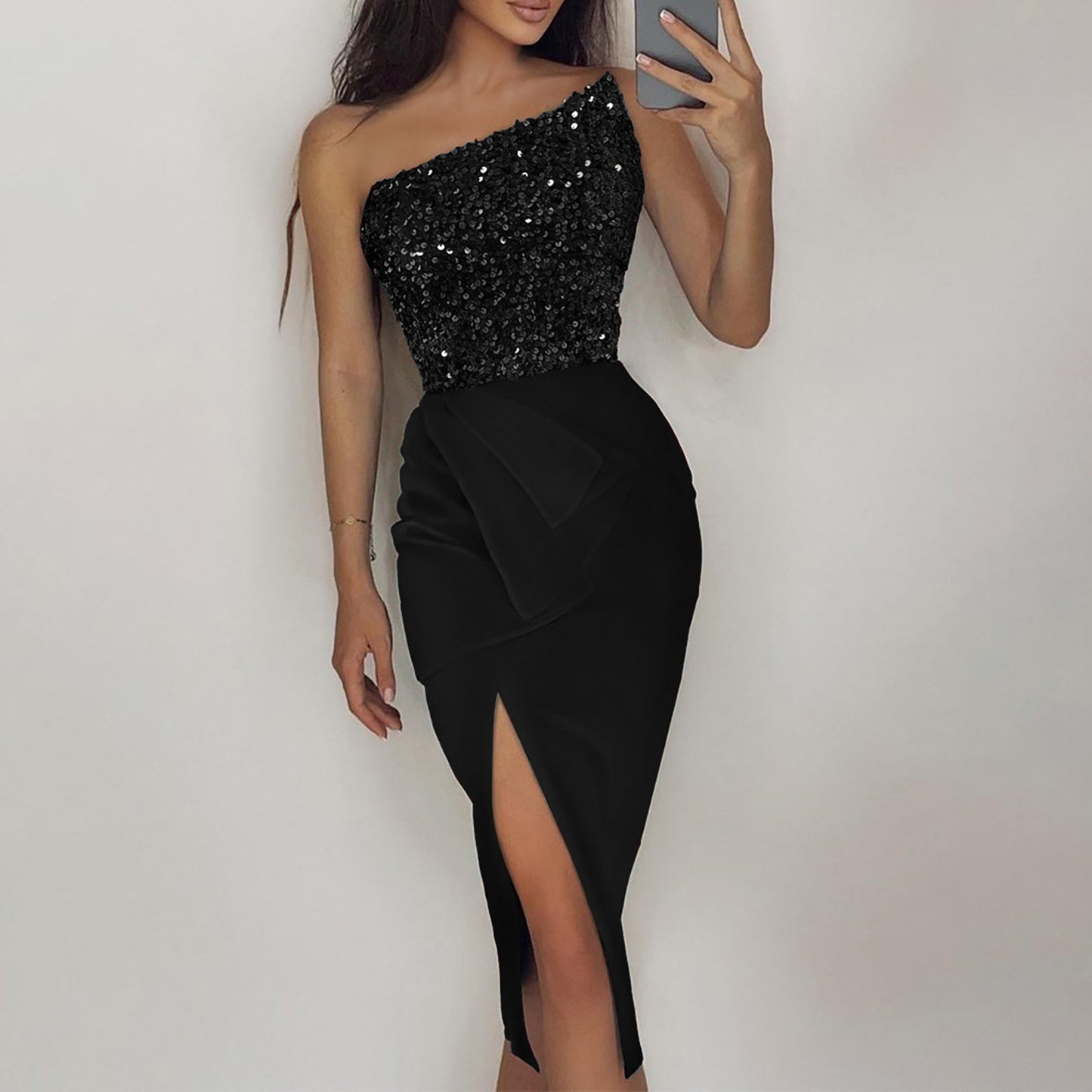 One Shoulder Sequin Midi Dress