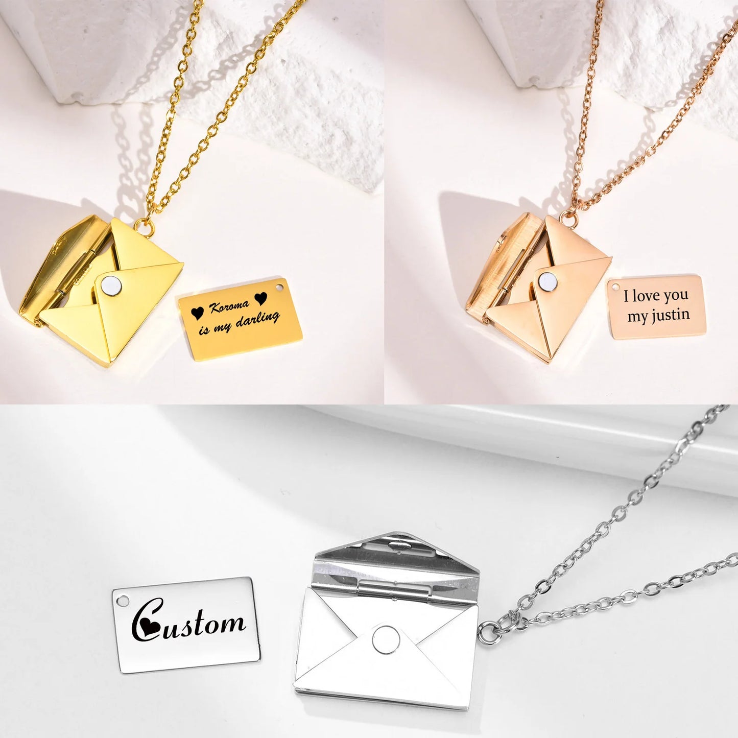 Personalised Envelope Locket Pendant Stainless Steel Love Letter Engrave Long Chain Necklace