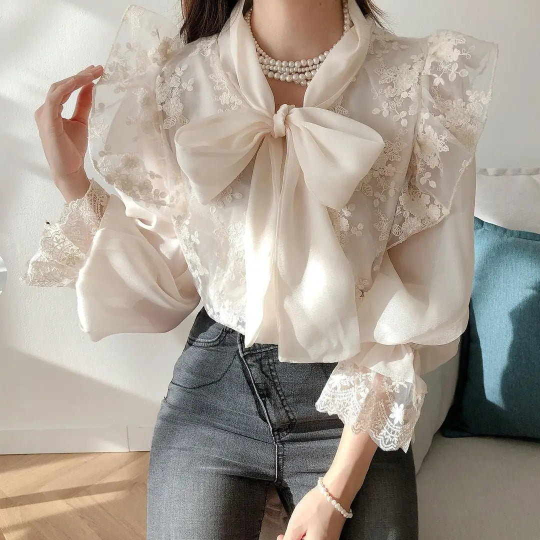 Bow Tie Lace Embroidery Flower Loose Trumpet Sleeve  Blouse