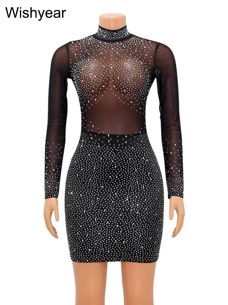 Sequin Mesh Sheer Long Sleeve Short Dress