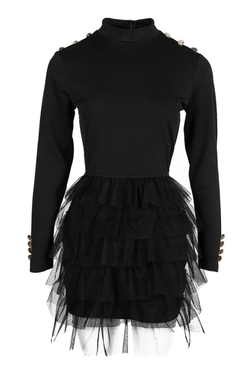 Mesh Ruffle Layered Long Sleeve Mini Dress