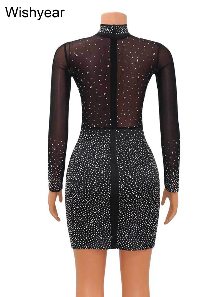 Sequin Mesh Sheer Long Sleeve Short Dress