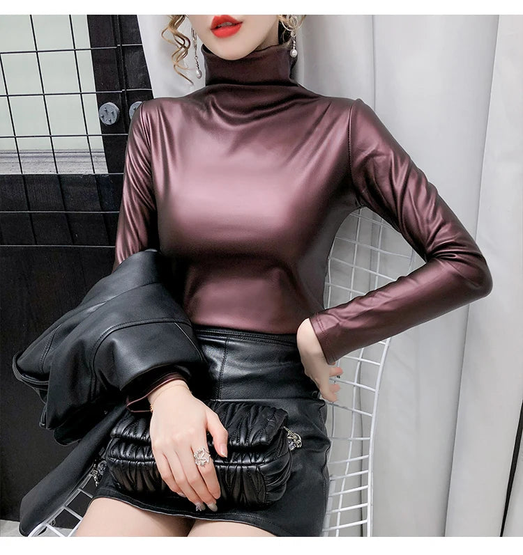 PU Leather Turtleneck Long Sleeve Blouse