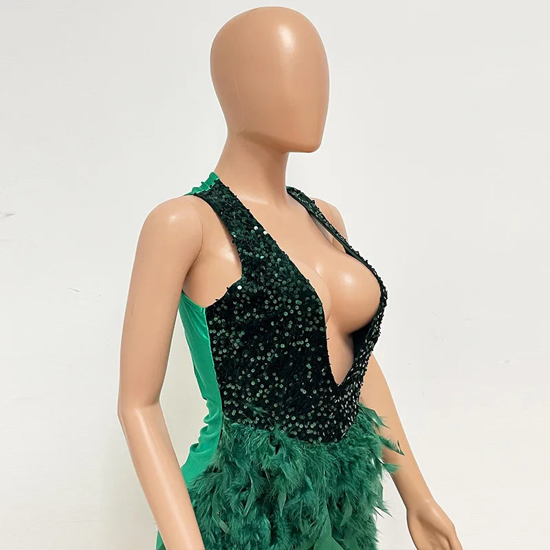 Deep V Sequin Feather Backless Mini Dress