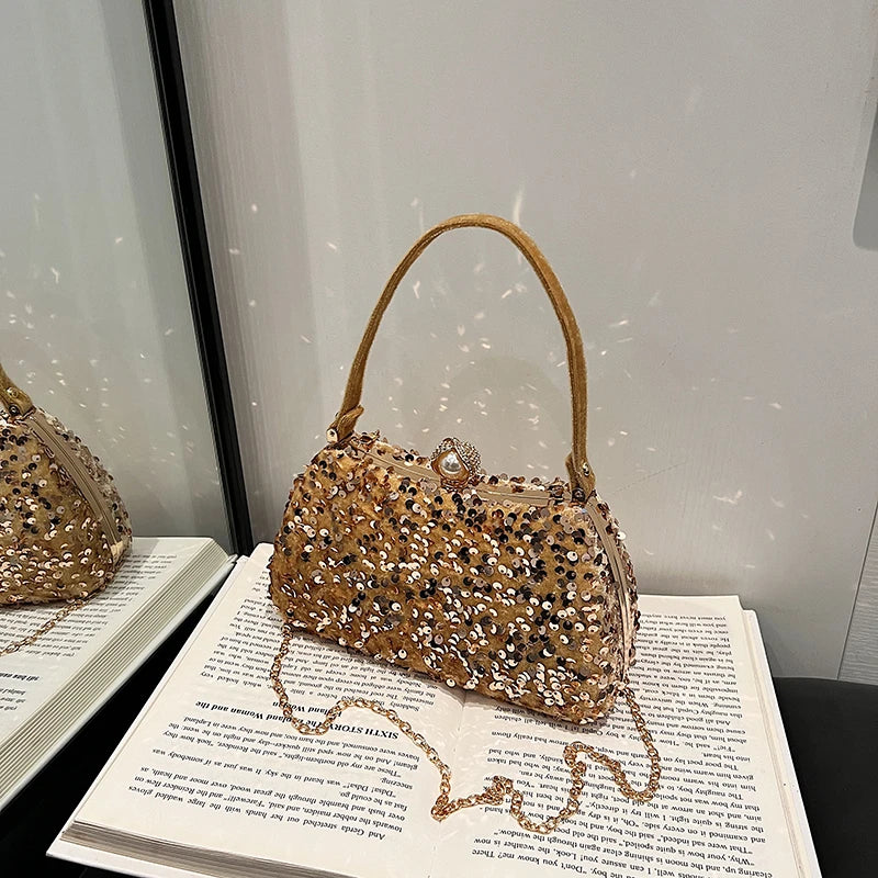 Sequin Pearl Long Chain Handbag