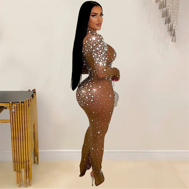 Mesh Rhinestone Long Sleeve Maxi Dress