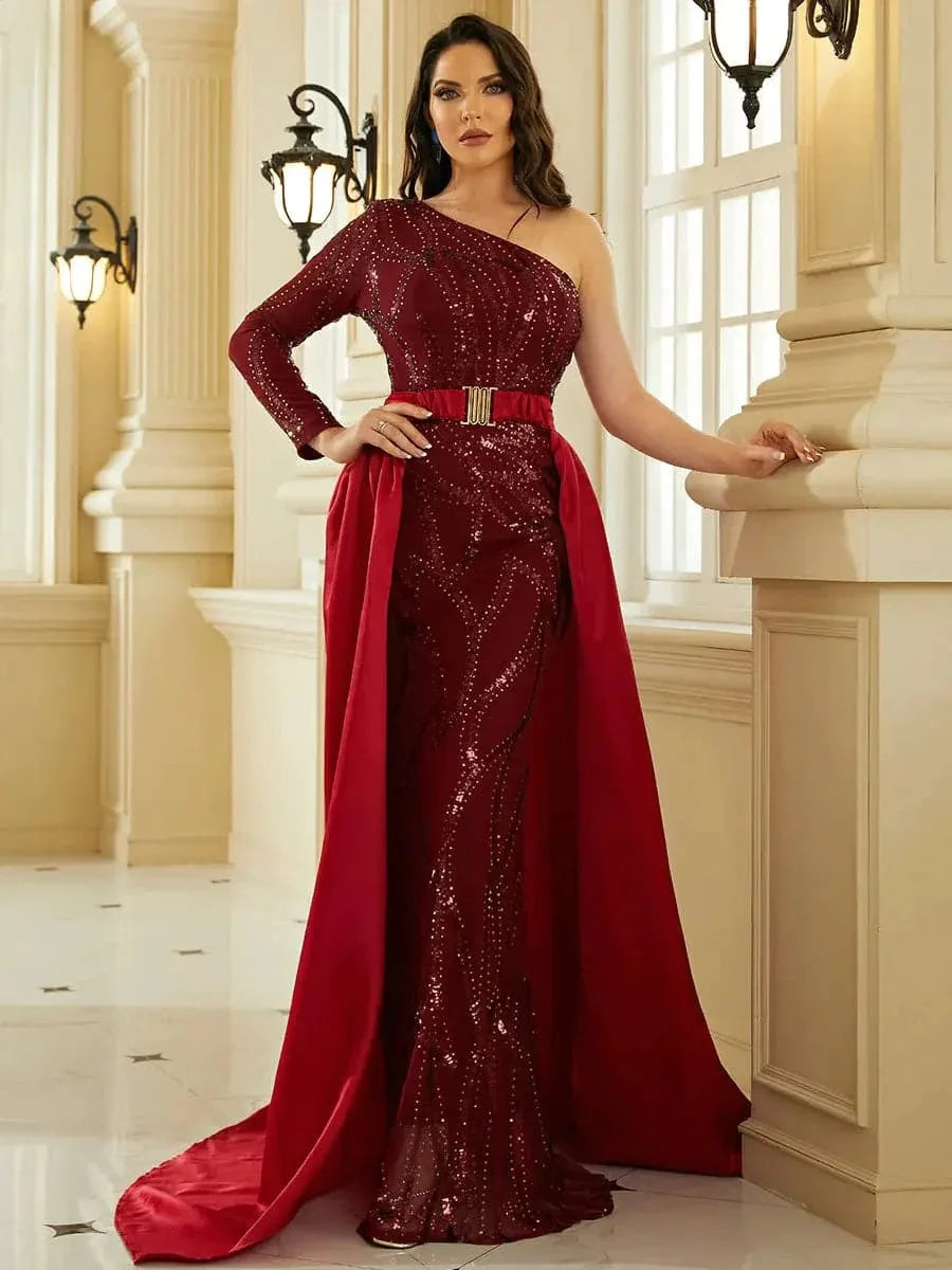 One Shoulder Sequins Long Sleeve Open Back Maxi Dress