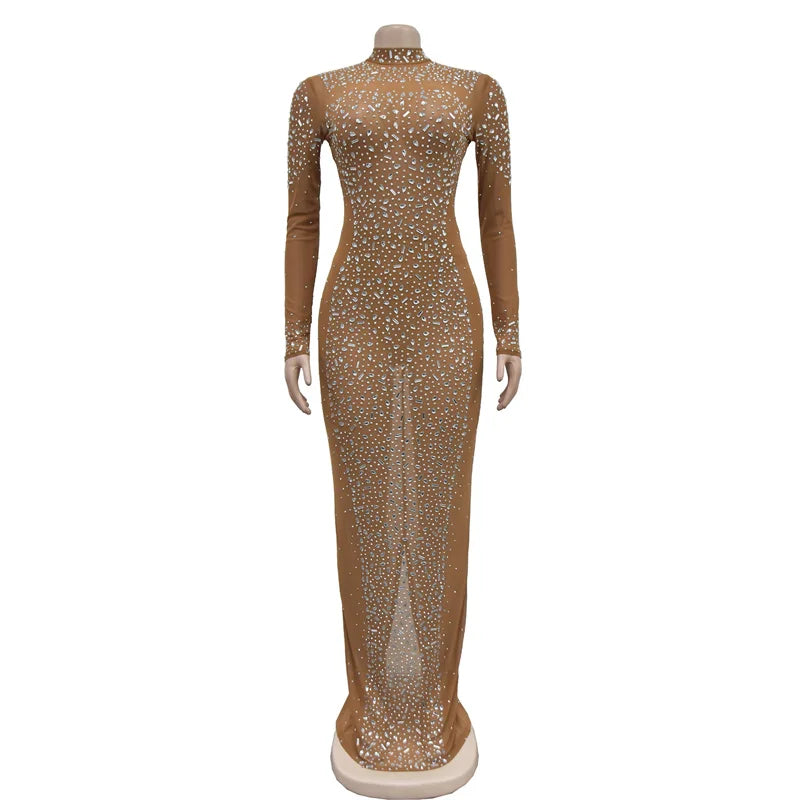 Mesh Rhinestone Long Sleeve Maxi Dress