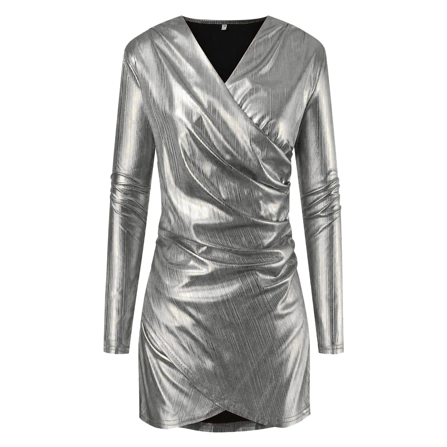 Deep V-neck Metallic Ruched Hip Wrap Long Sleeve Dress