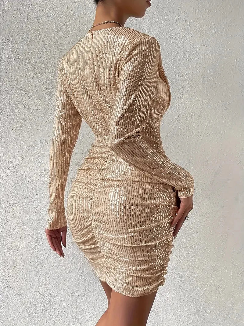 Sequin Pleated V-neck Long Sleeve Dress