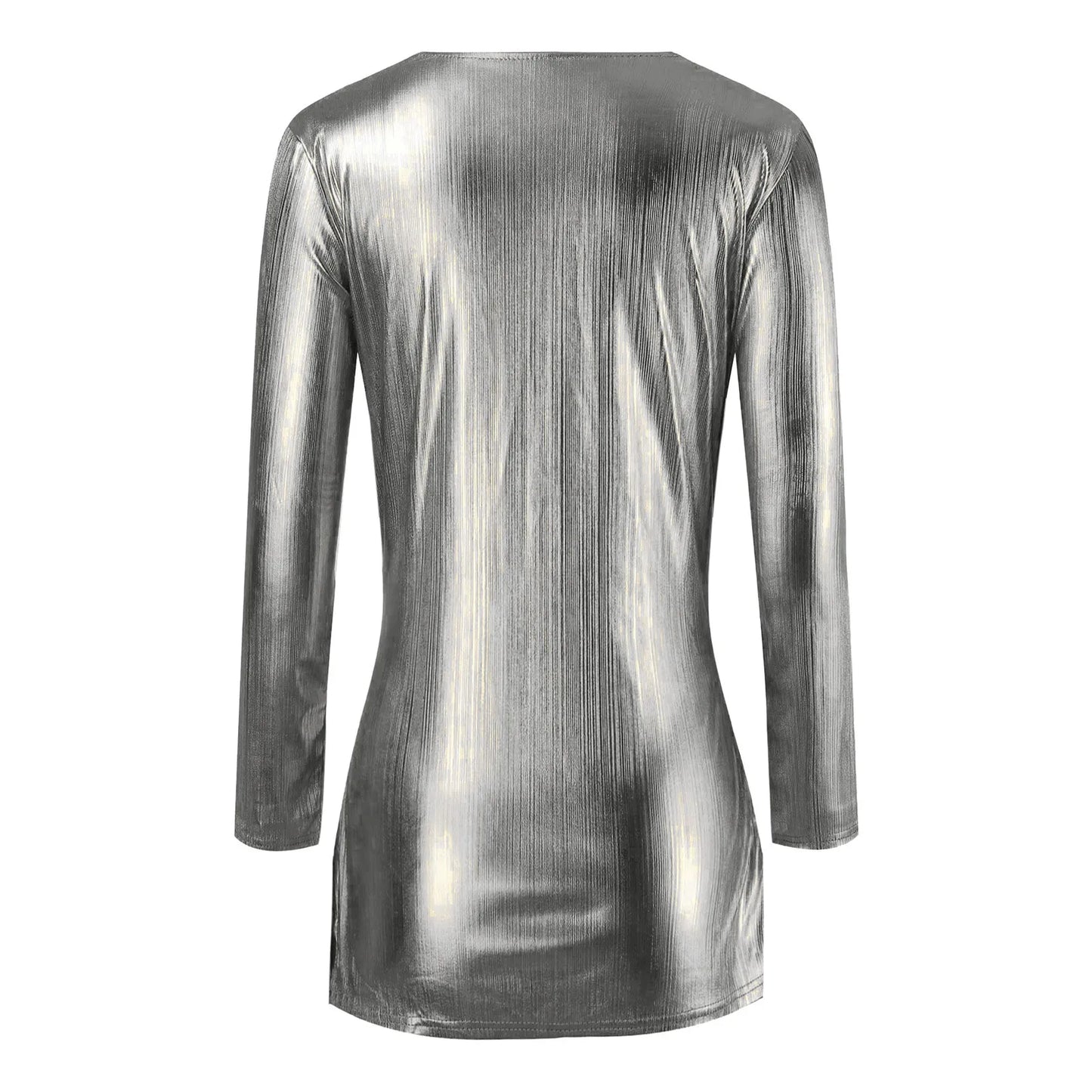 Deep V-neck Metallic Ruched Hip Wrap Long Sleeve Dress