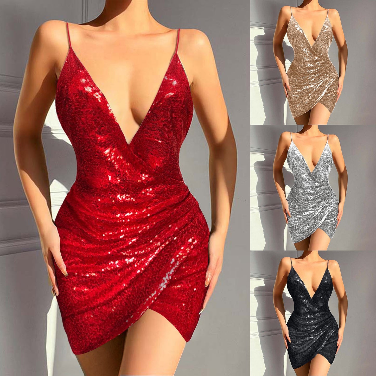 Sequin V Neck Ruched Cross Back Strap Dress