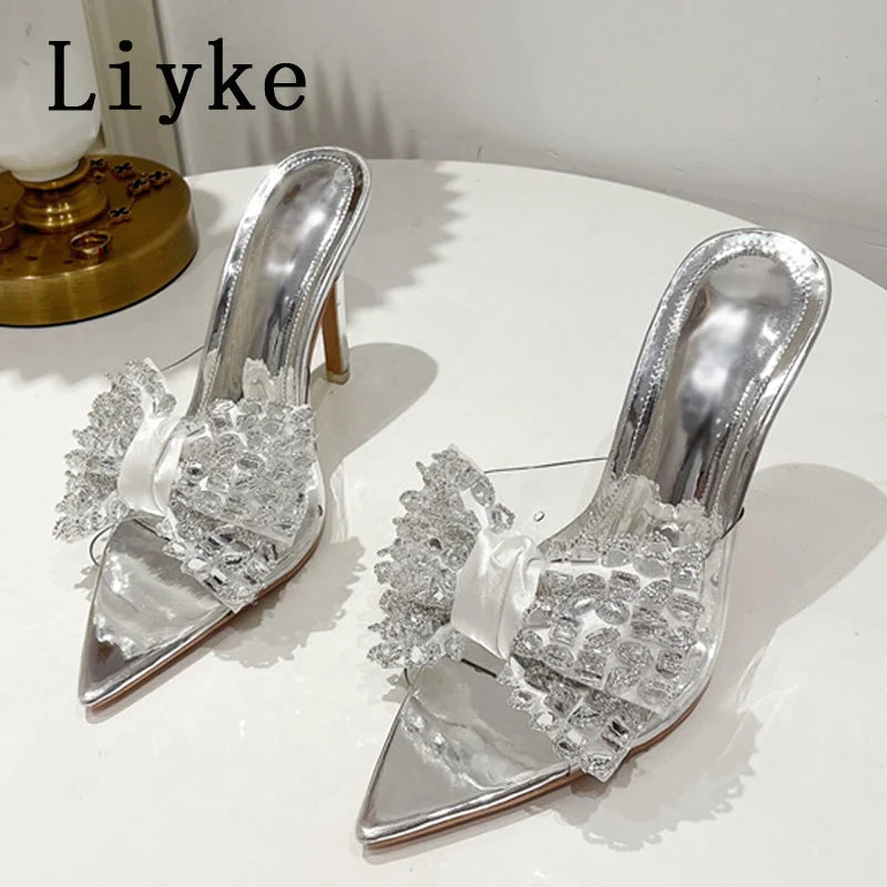 Crystal Bowknot Transparent Pointed Toe High Heels Shoes