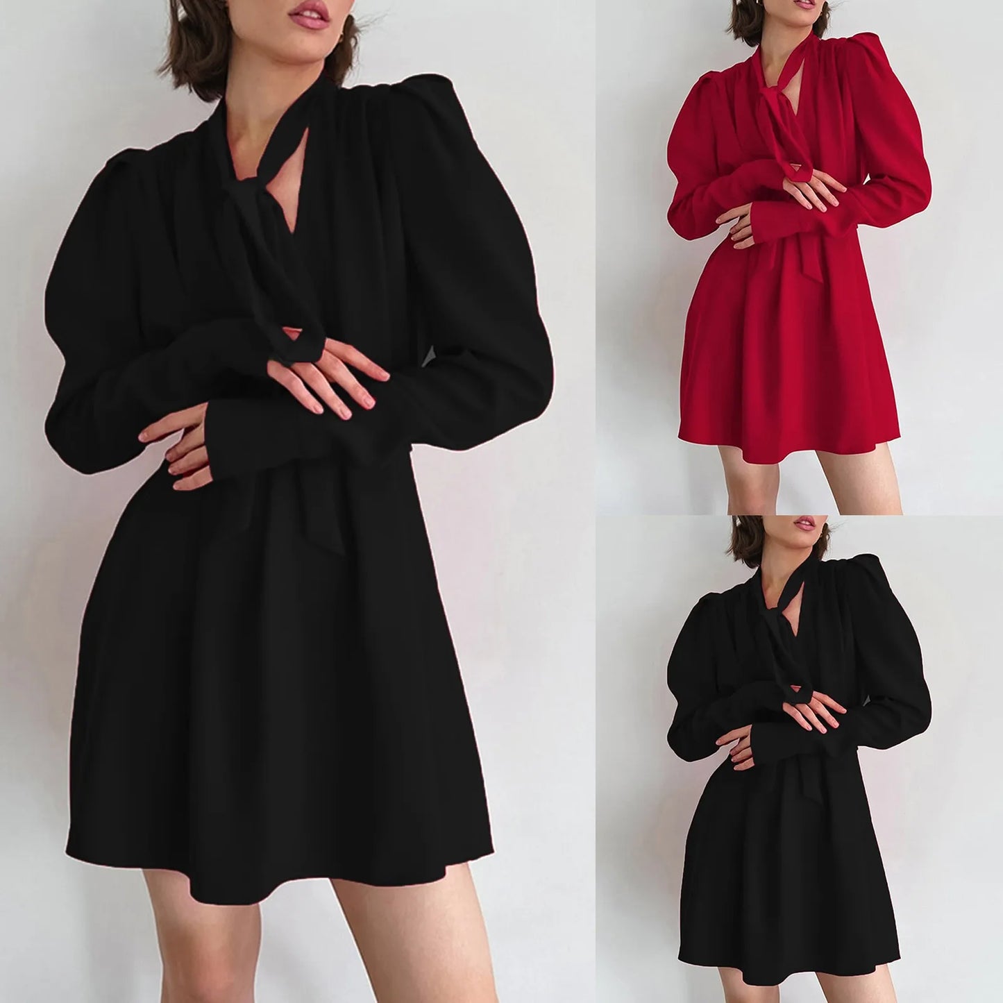 V Neck Tie Long Sleeve Dress