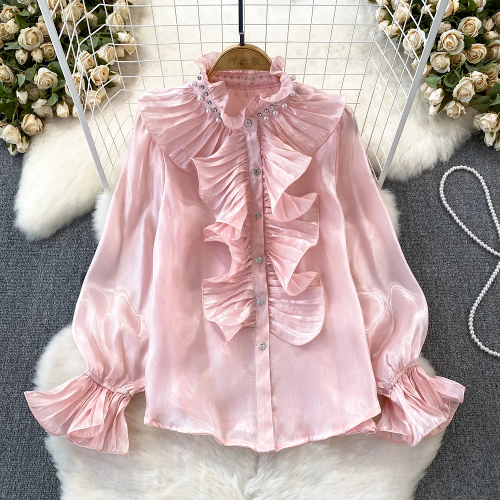 3D Flower Stand Collar Flare Sleeve Flounced Edge Single Breasted Shirt