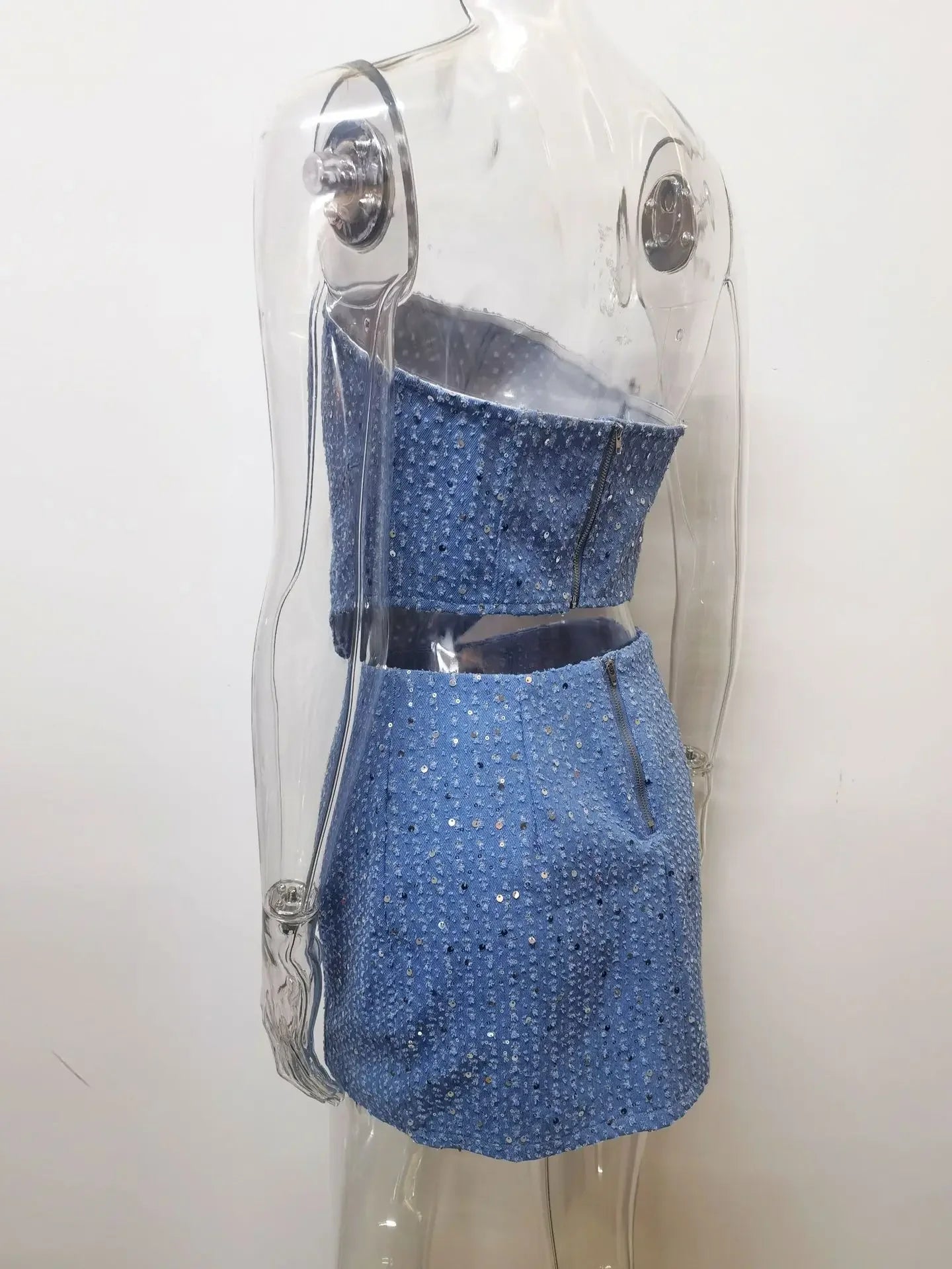 Denim Sequin Strapless Sleeveless Cropped Top and Mini Skirt Two Piece Set