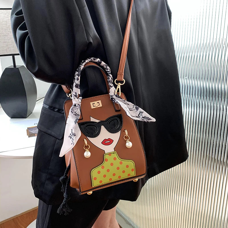 Woman's Face Novelty Print PU Leather Shoulder Crossbody Handbag